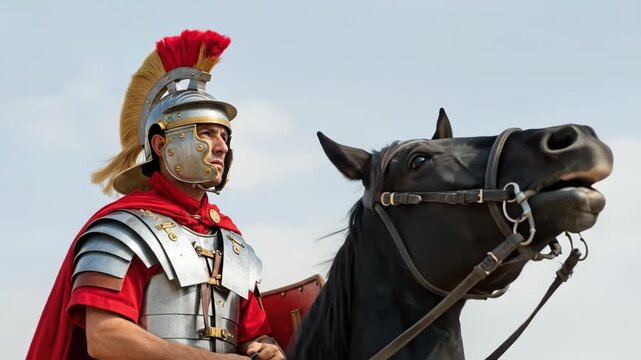 Roman warrior man riding horse on desert in historical reenactment, showing armor, cape, helmet footage.