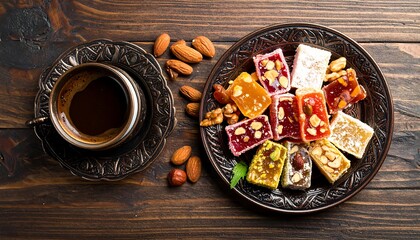 Overhead shot of a richly textured wooden table with ornate dishes. A dark coffee rests next to a plate of colorful, nut-filled confectionary treats. Nuts are scattered around