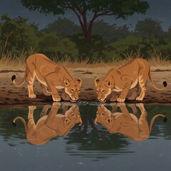 Two Lions Drinking Water Reflection.