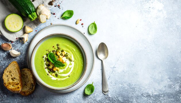 Overhead shot of creamy green soup in a bowl, garnished with seeds and herbs, with sides
