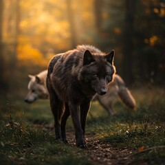Two Wolves Walking Through a Sunlit Forest.