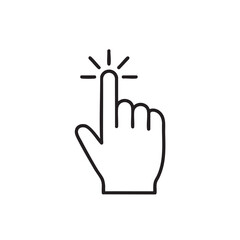 Black outline of a hand with index finger pointing and radiating lines indicating a click action on a white background