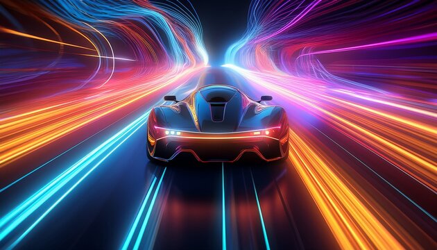 speeding sports car on neon highway powerful acceleration of a supercar on a night track with colorful lights and trails 3d render