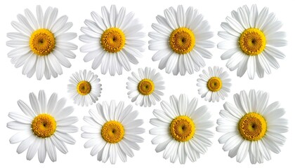 Overhead shot featuring fifteen white daisies with yellow centers arranged in a scattered pattern on a white background