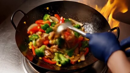 A chef cooking vegetables in a wok with bright flames - Powered by Adobe