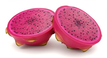 Vibrant Dragon Fruit Halved on White Background.