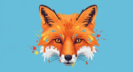 Vibrant Fox Face with Floral Accents on Blue Background.