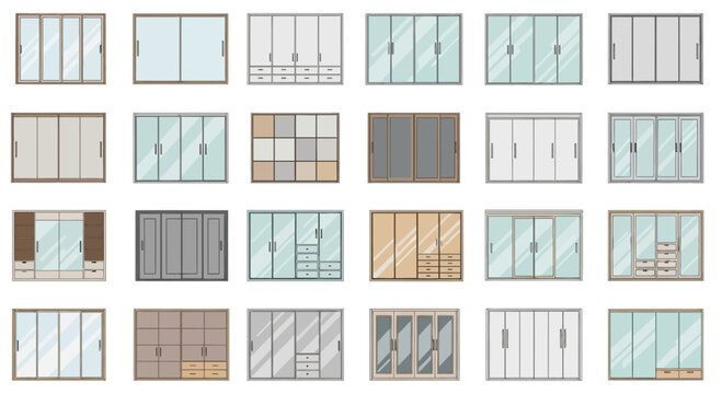 Various sliding doors and wardrobes with glass and drawer elements.