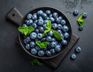 Overhead shot of a round, dark bowl overflowing with fresh, plump blueberries and adorned with vibrant green mint leaves