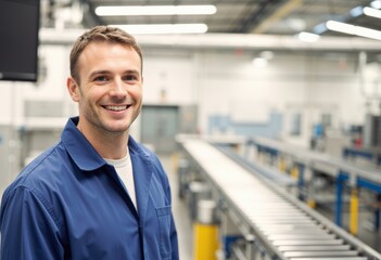 Fototapeta premium Smiling man in a blue work uniform standing in a modern factory setting