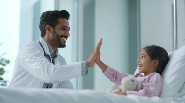 Medical High-Five: In a tender moment of care and compassion, a doctor and young patient share a high-five in a bright, modern medical setting. This photograph celebrates health, connection.