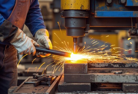 Worker using a drill machine, creating sparks in a metal workshop