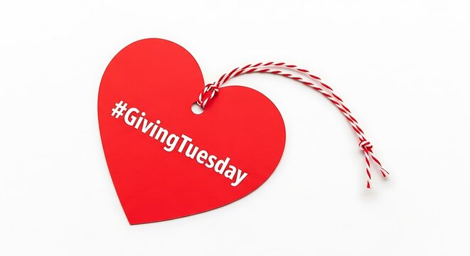 Red heart shaped tag with hashtag givingtuesday and festive string on