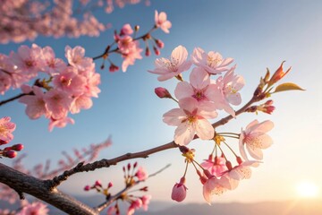 Pink Cherry Blossoms on Branch in the Morning Sunlight