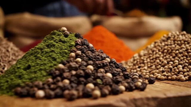 A colorful display of spices at a bustling market stall