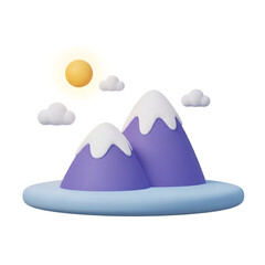 Stylized 3d illustration of purple mountains with snow caps, a yellow sun, and clouds, isolated on transparent background