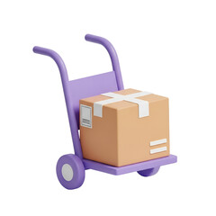 3d illustration of a purple hand truck carrying a brown cardboard box with white tape, isolated on transparent background