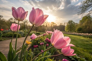 Pink Tulips Blooming in a Garden Under Soft Sunlight
