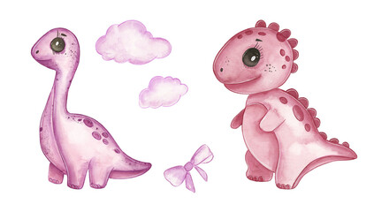 Cute pink dinosaurs with clouds and a bow illustration