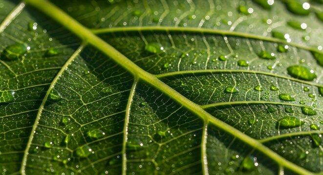 A close up shot of a vibrant green leaf with water droplets glistening on its surface in sunlight