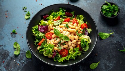 Overhead shot of a black bowl filled with a fresh salad. Tomatoes, white beans, and greens are visible on a dark blue background