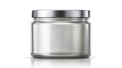 A clear glass jar with a silver lid on a white background