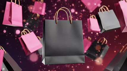 Floating Shopping Bags Against A Glittering Red And Purple Background with Gold Handles - Powered by Adobe