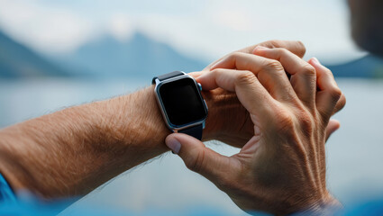 Man adjusting smartwatch on wrist by the serene lake in nature