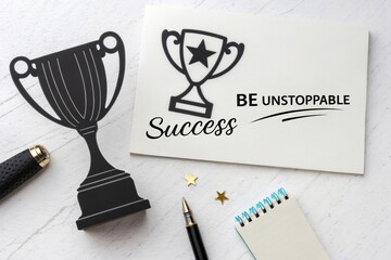 Silhouette trophies with motivational note about achieving success