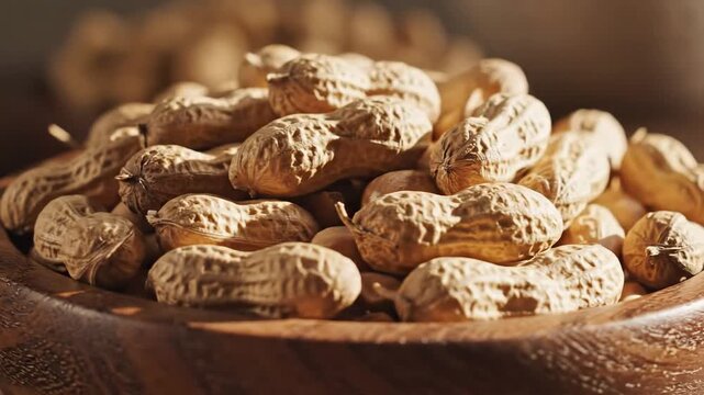 Closeup of peanuts in a wooden bowl healthy snack delicious food.