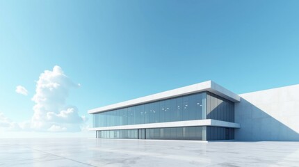 Obraz premium Nave industrial con grandes paredes de cristal y base de hormigón pulido, aislada en un vasto espacio abierto