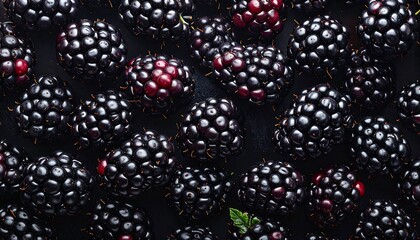 Overhead shot of a scattering of plump, shiny blackberries, some with exposed red centers, on a dark surface. Berries appear juicy and fresh, with a slight variation in color