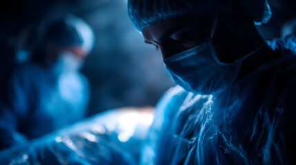 A surgical team in sterile gowns and masks performing a critical medical procedure under bright lights in an operating room