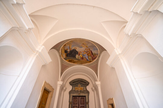Ornate ceiling fresco adorning ancient Broumov monastery corridor - Powered by Adobe