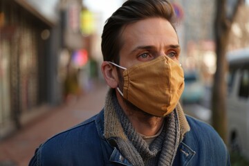 Man wearing a brown face mask while walking on a city street