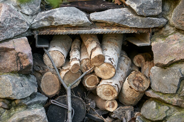 Birch Firewood Stacked in a Stone Niche