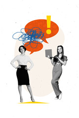 Poster trend sketch template collage of two happy girls speak bubble type laptop communication phrase cloud conversation talk