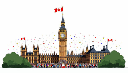 Fototapeta premium Illustration of the Iconic Big Ben with Crowds and Canadian Flags Celebrating in Front, Surrounded by Lush Greenery and Vibrant Confetti in the Sky