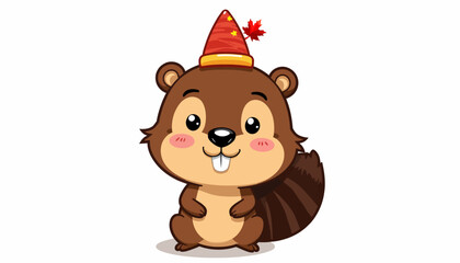 Obraz premium Adorable Cartoon Beaver Wearing a Festive Hat with a Maple Leaf on a Clean White Background