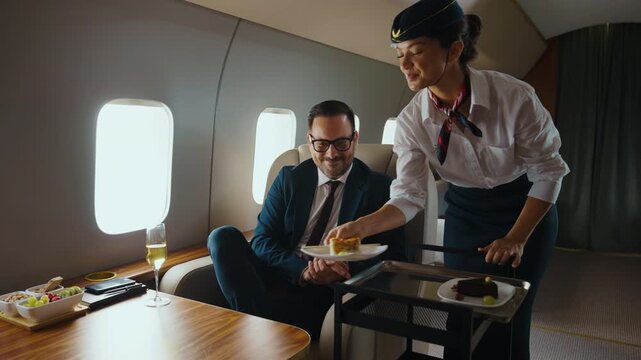 Friendly flight attendant offering dessert choices from a serving trolley to a successful businessman traveling on a luxurious private jet, enjoying a comfortable and exclusive journey