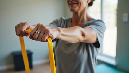 Fitness enthusiast, engaged in resistance training, using exercise band at home