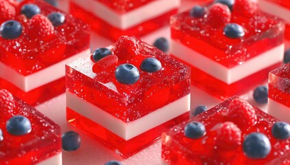 Sweet layered jelly desserts with fresh berries arranged in a pattern.