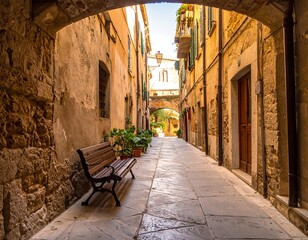 Narrow, sun-drenched alleyway. Stone buildings line the passage, a wooden bench sits to the left. Lush greenery spills from balconies