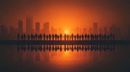 Fototapeta premium Silhouetted people stand holding hands, reflecting in still water, city backdrop. Represents unity, community, teamwork, and global connections for social topics.