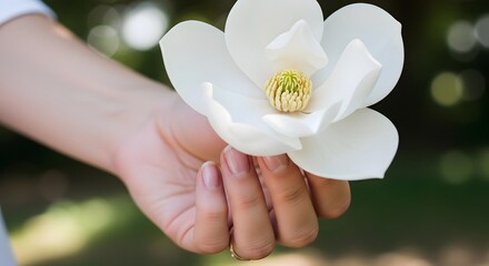 Close up of a hand holding a large white magnolia blossom in a garden setting with a blurred background