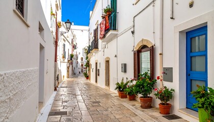 Narrow, sunlit street lined with white buildings and colorful details like bright blue doors, potted plants, and balconies. The cobblestone path leads into the distance