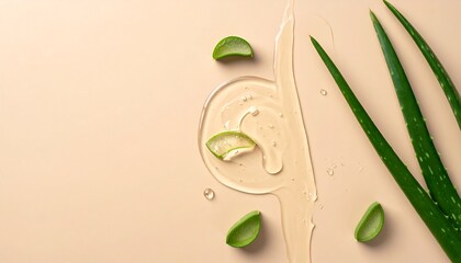 Natural aloe vera gel and slices of the plant against a neutral background, a health and beauty concept
