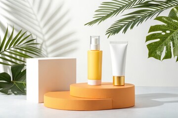 Skincare product bottles on orange podium in bright light