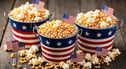 Patriotic popcorn in buckets with american flags, celebrating independence day with a festive snack on a rustic wooden surface, a perfect treat