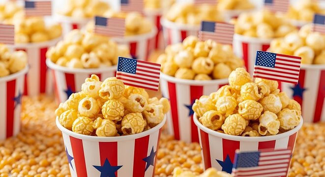 Festive popcorn buckets adorned with american flags, celebrating independence day with patriotic treats and a delicious snack for the holiday - Powered by Adobe